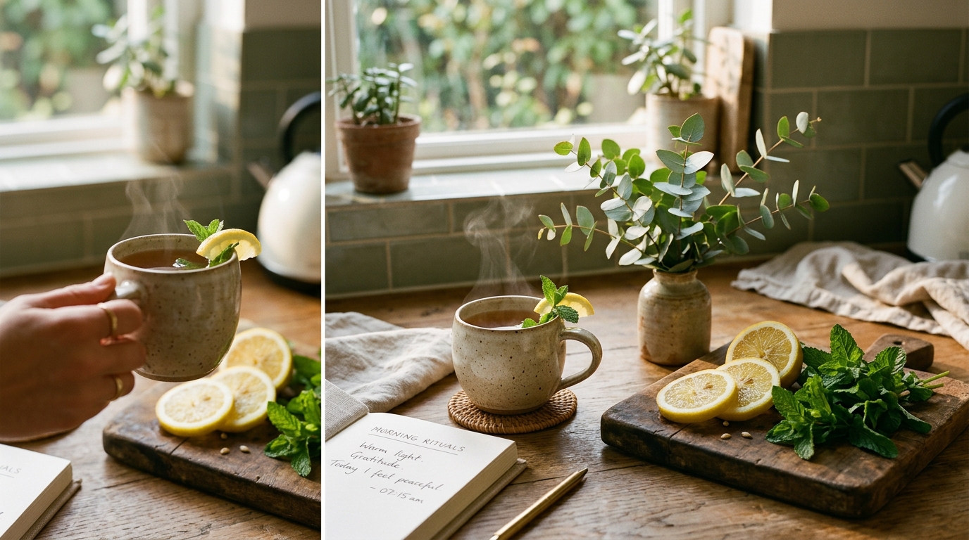 Botanical calm tea and morning mindfulness